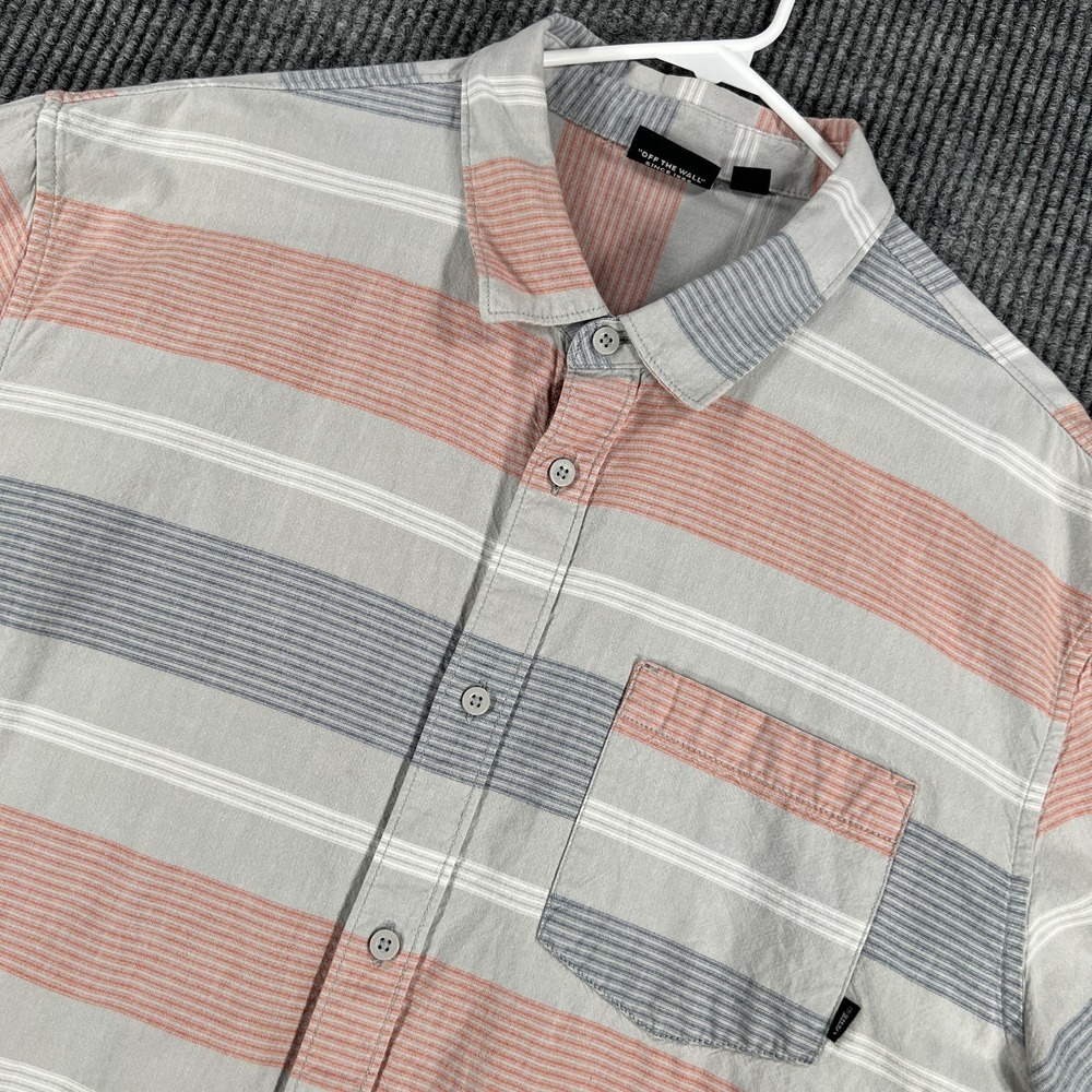 Vans Shirt Mens 2XL XXL Gray Pink Striped Short Sleeve Button Up Casual Comfort
